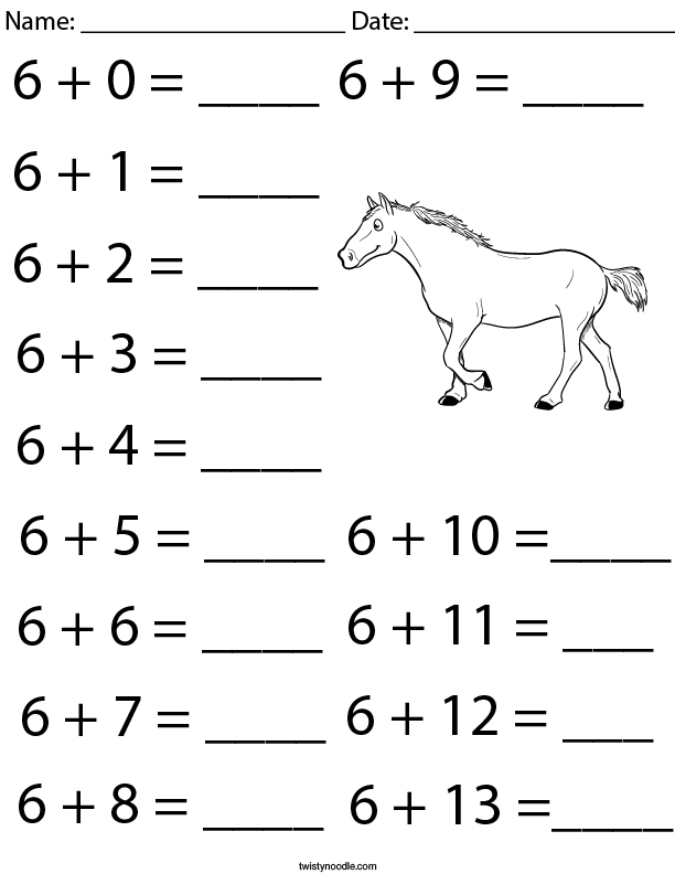 addition facts number 6 math worksheet twisty noodle